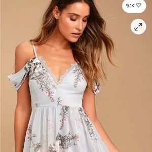Lulus Light Blue Floral Lace-Trim Cold-Shoulder Dress